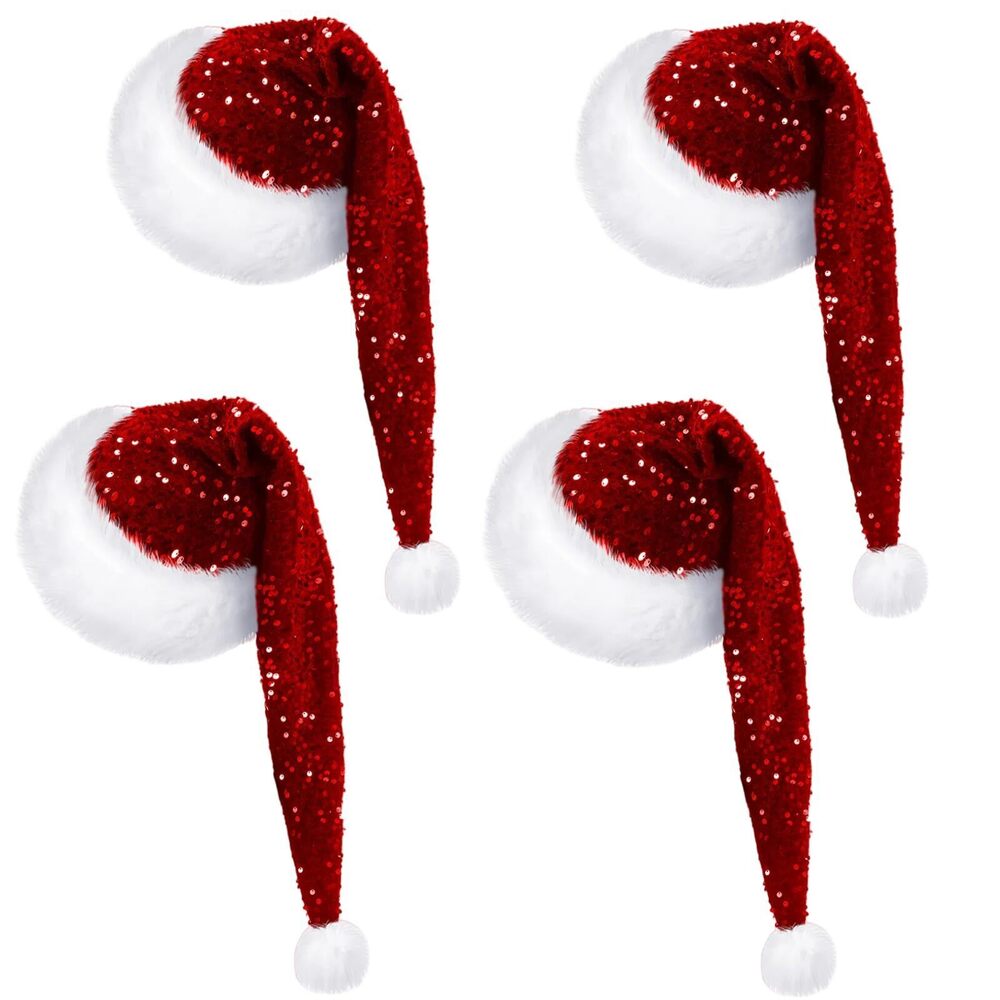 3122 4 Pcs Santa Hats Shiny Sequin Christmas Hat with Plush Brim Thicken